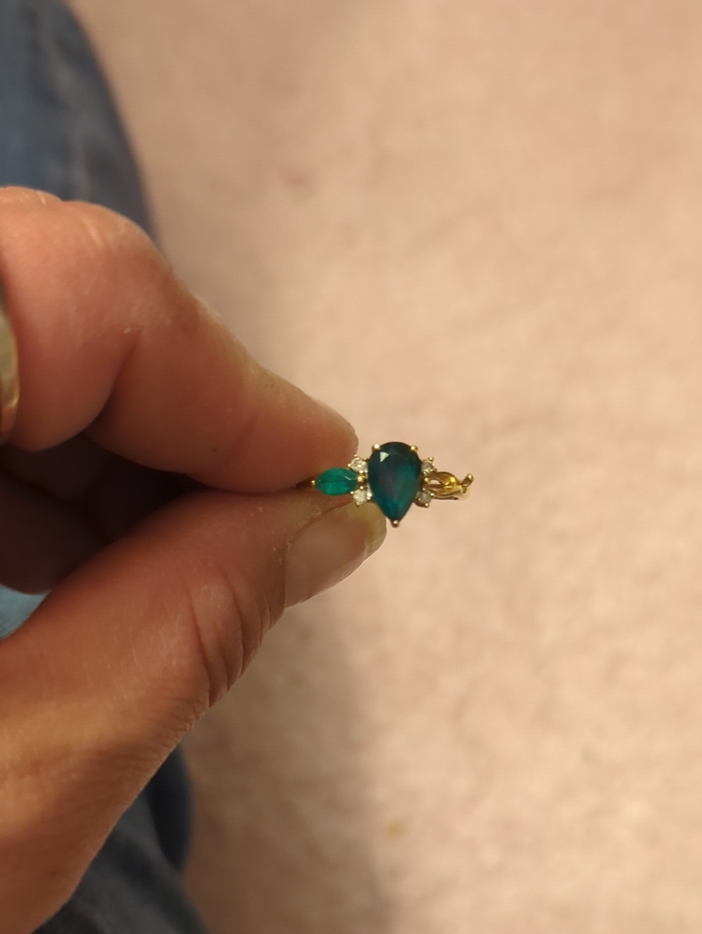 14 K Gold Teardrop Emerald Green Crystal Ring - Women Jewelry Missing A Stone